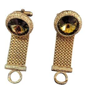 Dante‎ Vintage Gold Tone Mesh Wrap Around Cufflinks Smoky Topaz Crystal 1960s